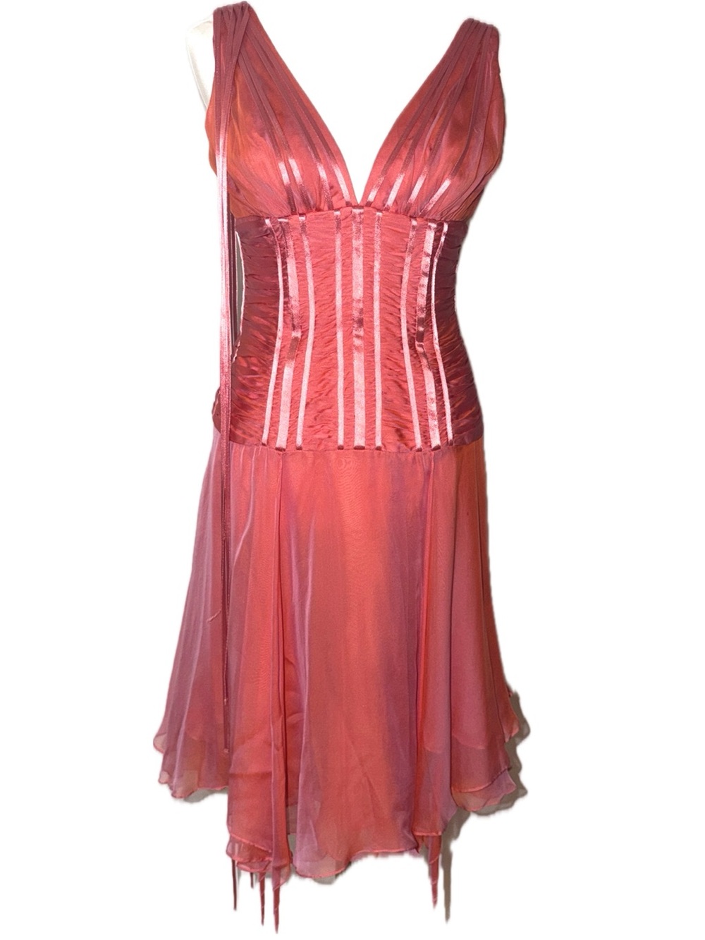 Carmen Marc Valvo Salmon Pink Asymmetrical Hem Corset Ribbon Bodice Dress size 6